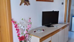 A modern living room with a flat-screen TV, a decorative turtle, a framed painting, and a vase with flowers. - "Like at home" near Venice. (Venezia)