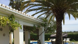 Un patio techado con piscina, palmeras y mobiliario exterior.
