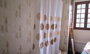 Une salle de bain avec un rideau de douche à motifs à pois, une fenêtre à carreaux et un porte-serviettes.