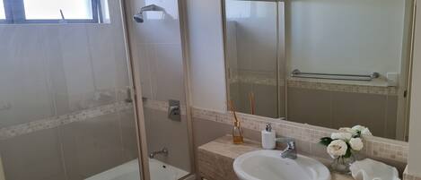 A modern bathroom with a glass-enclosed shower, a white sink, and a large mirror.