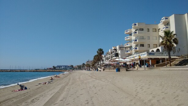 Een strand met gebouwen, palmbomen en een heldere lucht.
