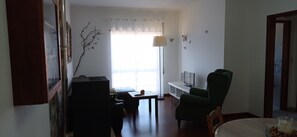Flat-screen TV, fireplace, books