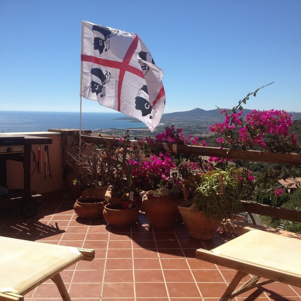 A terrace with potted plants, a flag, and a view of the sea.