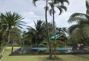 Outdoor pool, pool umbrellas, sun loungers