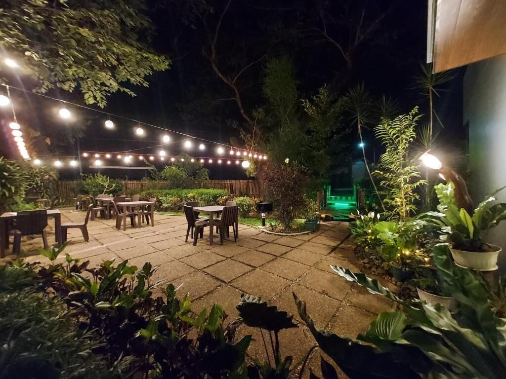 Un espace extérieur aménagé en terrasse, avec des guirlandes lumineuses, des plantes en pot et du mobilier d’extérieur.