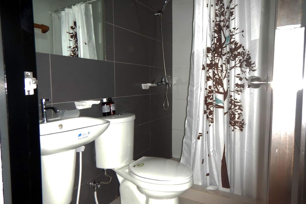 shower, rainfall showerhead, free toiletries, hair dryer