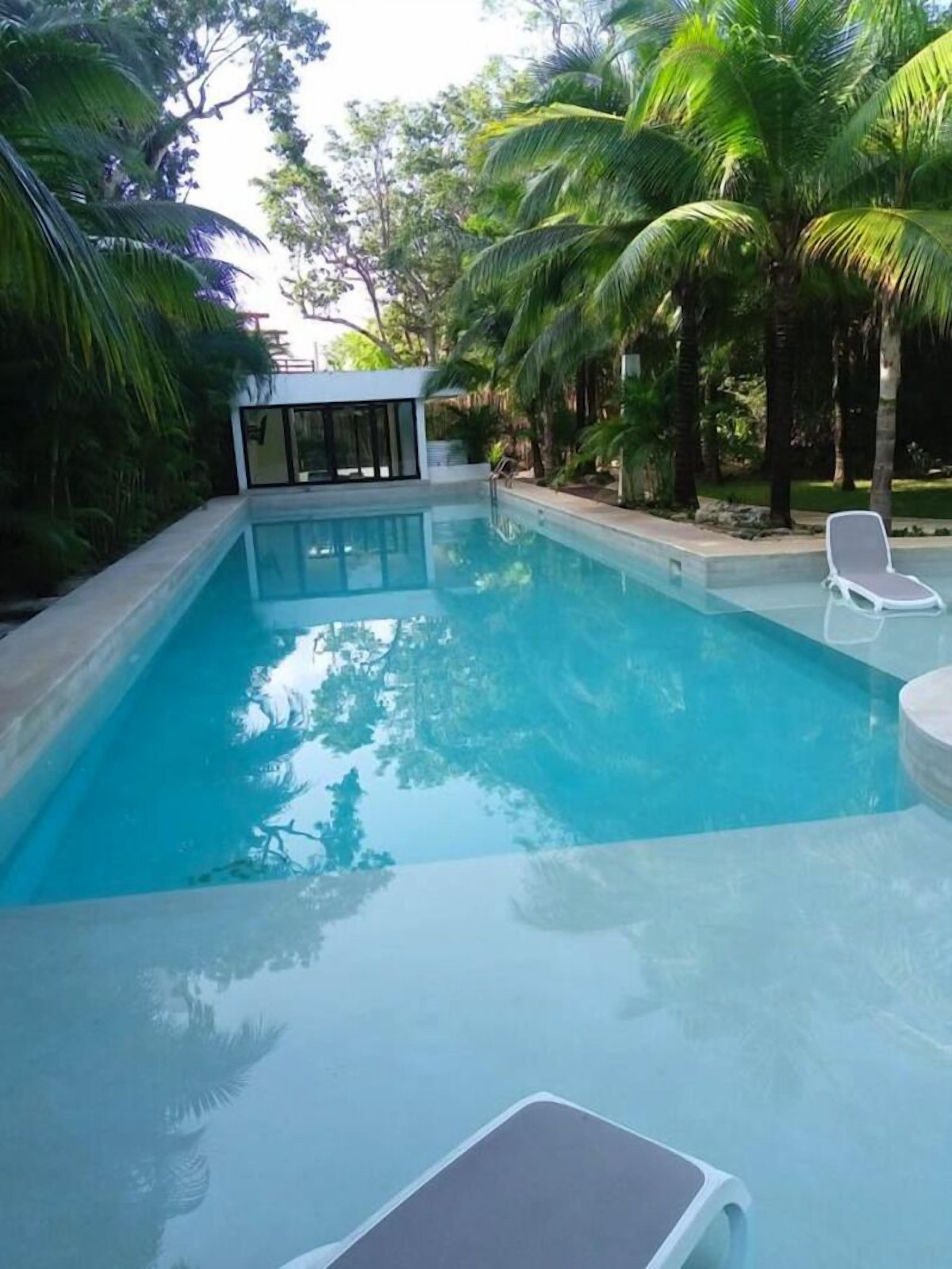 Una piscina rectangular con agua cristalina azul, rodeada de exuberante vegetación y palmeras.