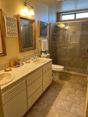 Hair dryer, towels, soap, toilet paper