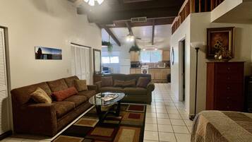 Smart TV, fireplace, books, offices