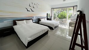 A modern hotel room with two beds, a large window, and a view of the outdoors. - Mangyi Inn (Hengchun)