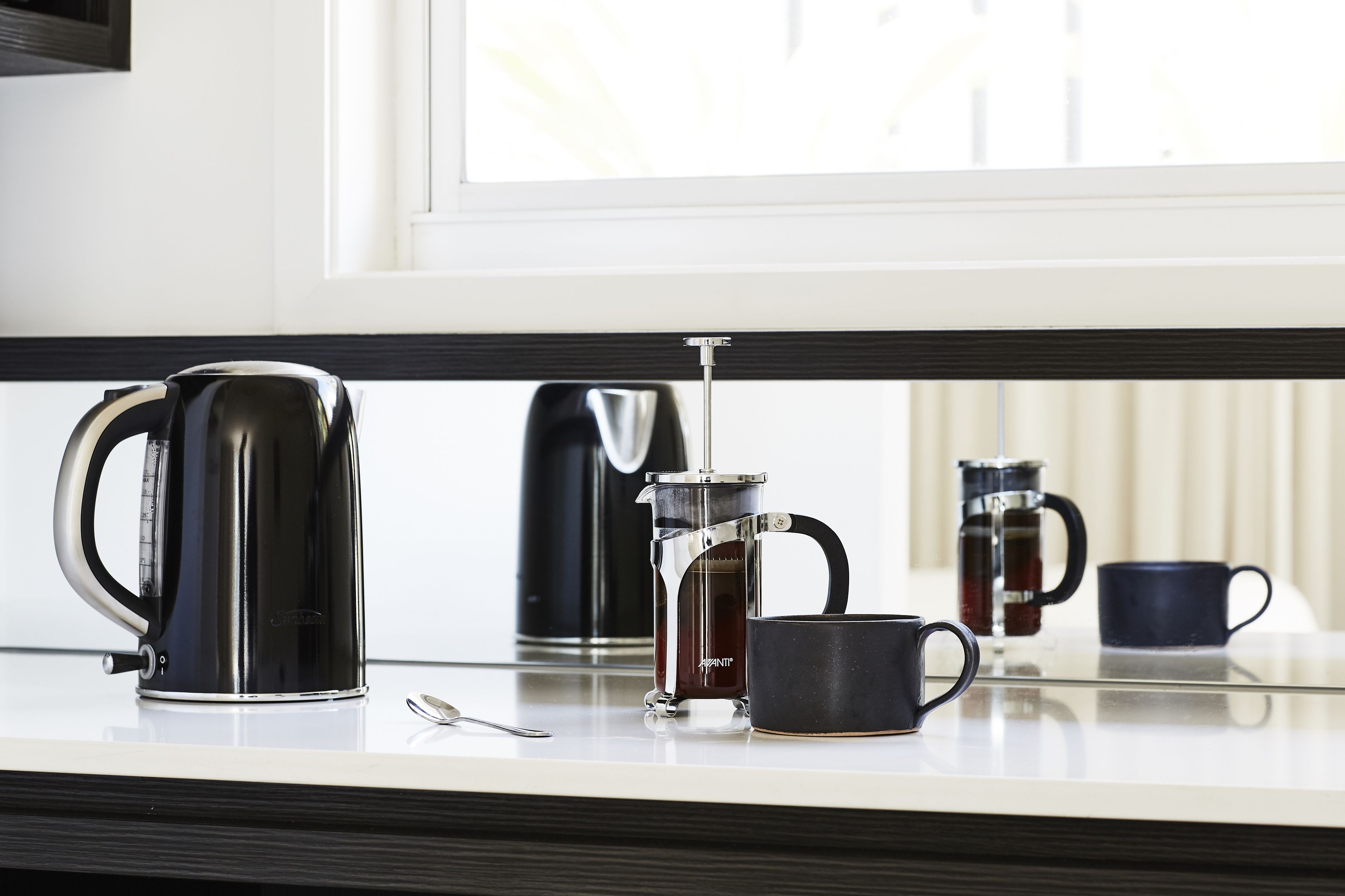 mini-fridge, espresso maker, electric kettle