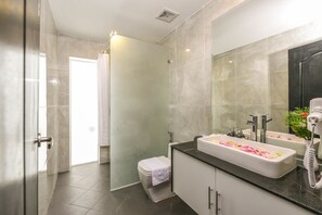 Shower, free toiletries, hair dryer, slippers