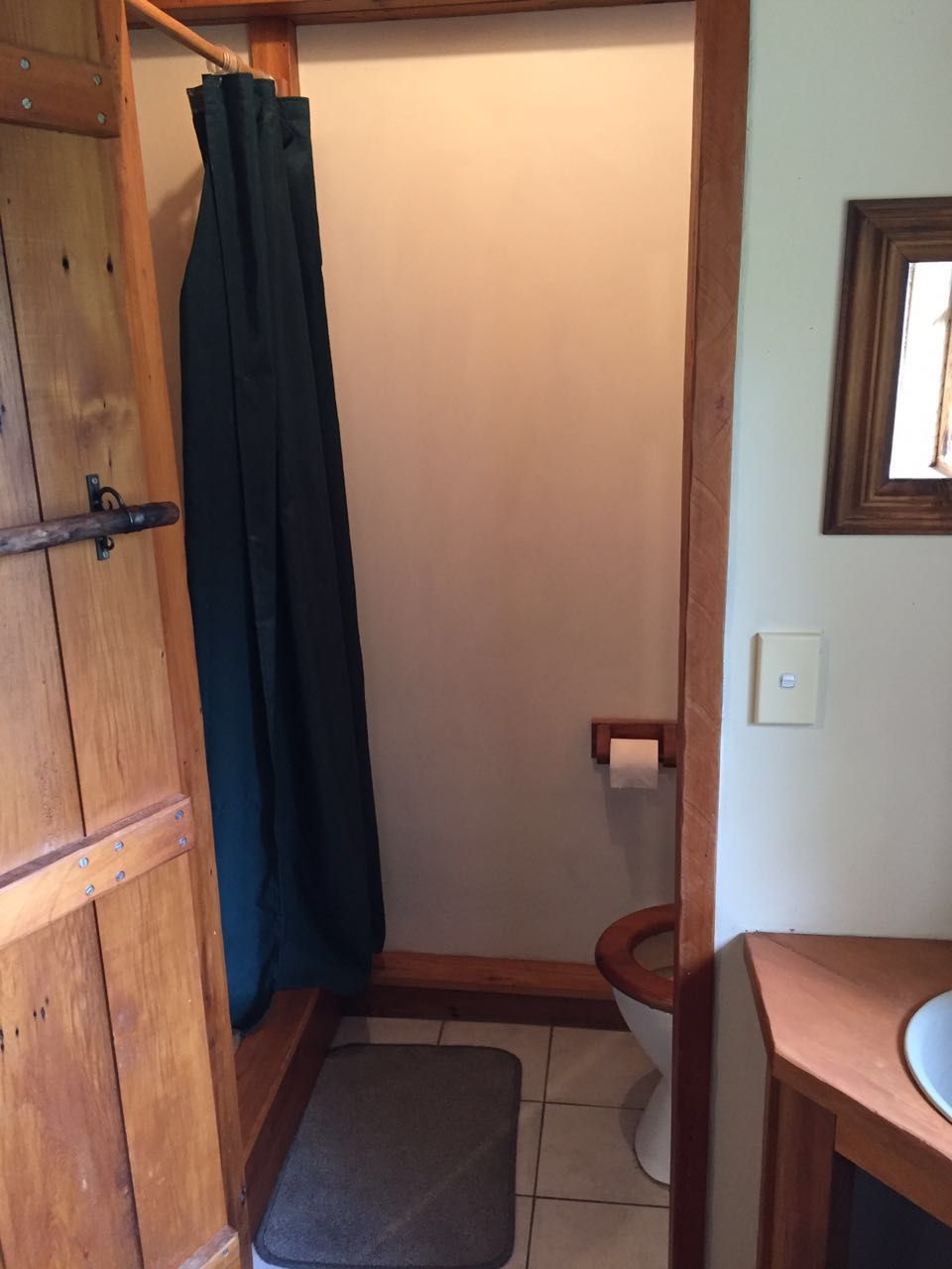 Un baño con puerta de madera, cortina de ducha, inodoro y un tapete pequeño.