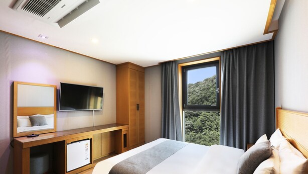 A hotel room with a bed, a desk with a computer, a TV, and a window with curtains. - Paju Golden Hill (Paju)