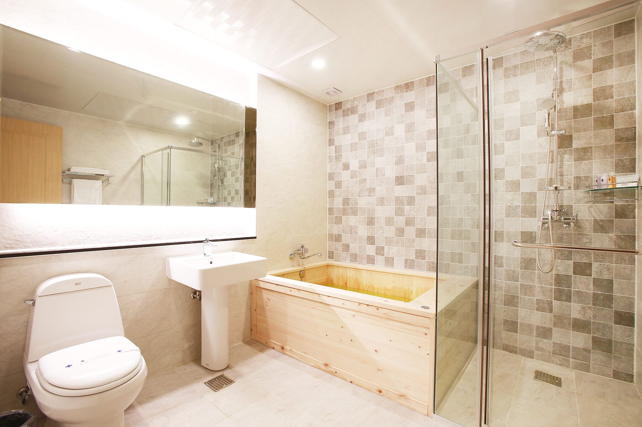 combined shower/bathtub, free toiletries, hair dryer, bathrobes