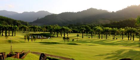 A golf course with a pond, palm trees, and a mountainous backdrop.
