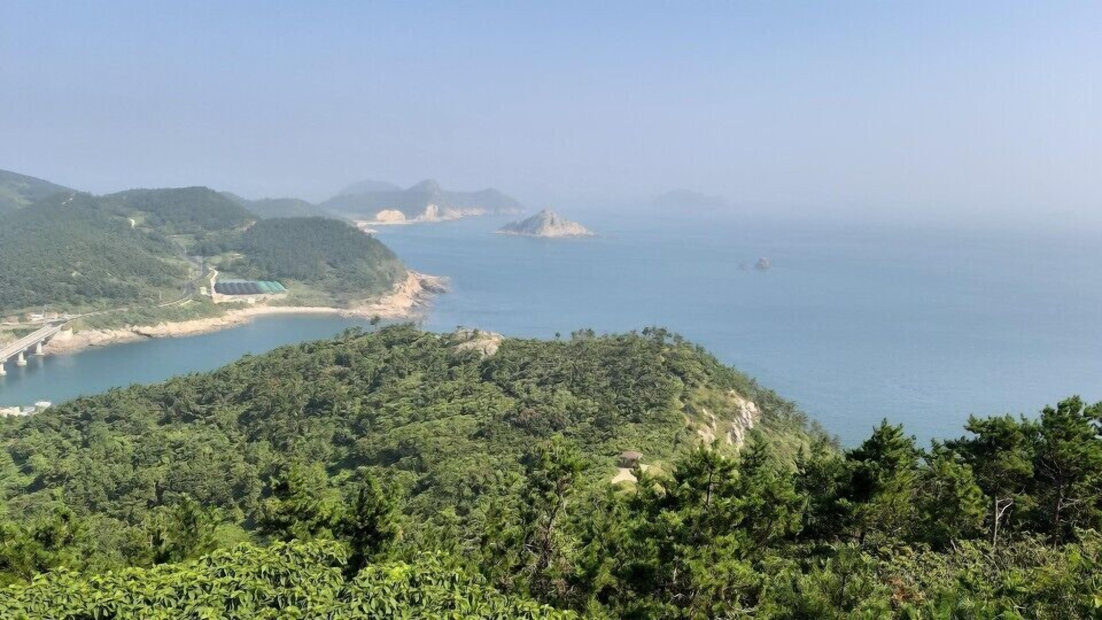 A coastal landscape with lush greenery and a clear view of the sea.