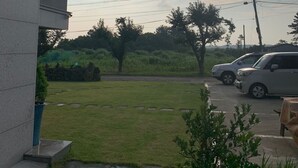 A residential area with a building, a grassy yard, trees, and parked cars. - Woojinsam Pension (Jeju City)