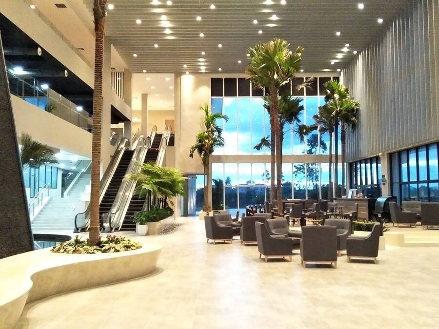Un'ampia hall con diversi livelli, palme e zone relax.