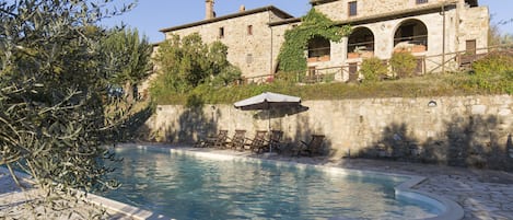 Seasonal outdoor pool, pool umbrellas, pool loungers