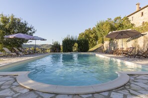 Seasonal outdoor pool, pool umbrellas, sun loungers