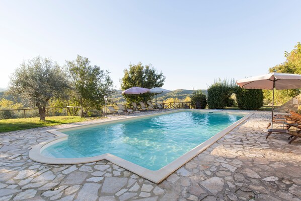 Seasonal outdoor pool, pool umbrellas, pool loungers