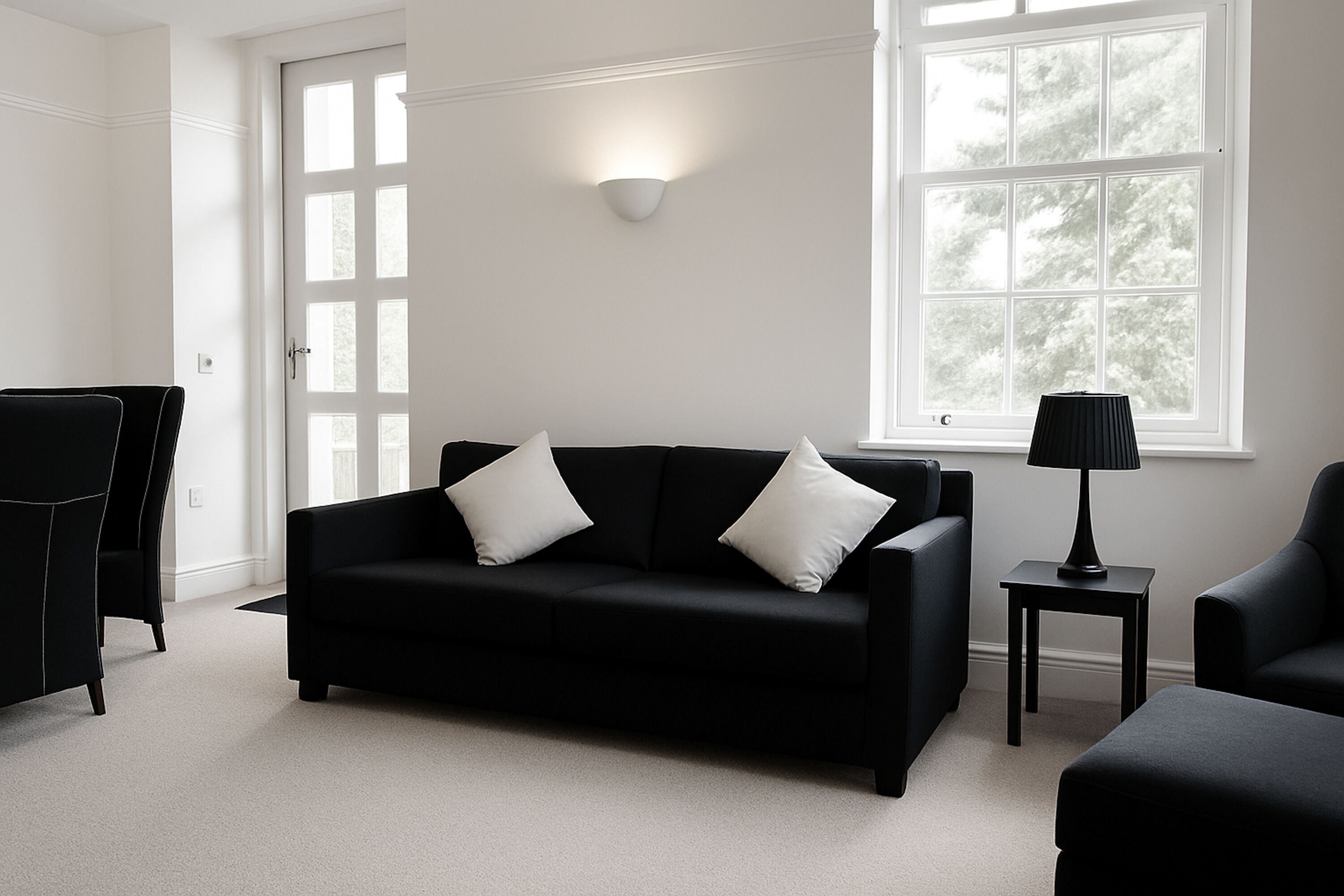 Uma sala de estar moderna com um sofá preto, duas almofadas brancas, uma mesa lateral preta com uma luminária e uma janela grande com vista para árvores.
