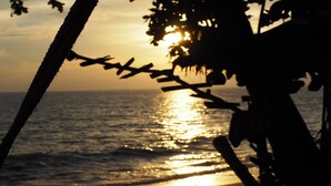 Escena de playa con una terraza de madera y la silueta de un árbol contra un atardecer.