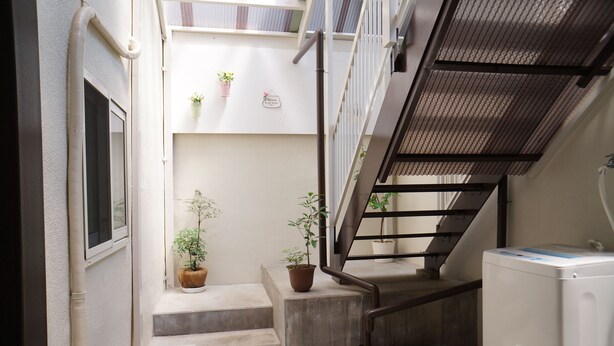 Un couloir étroit avec un escalier, des plantes en pot et un lave-linge.