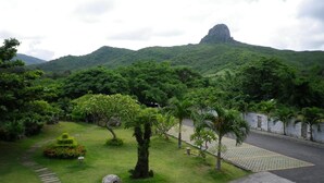 A lush garden with a paved pathway, a small pond, and a mountain in the background. - MaMaLuLu Hostel (Hengchun)