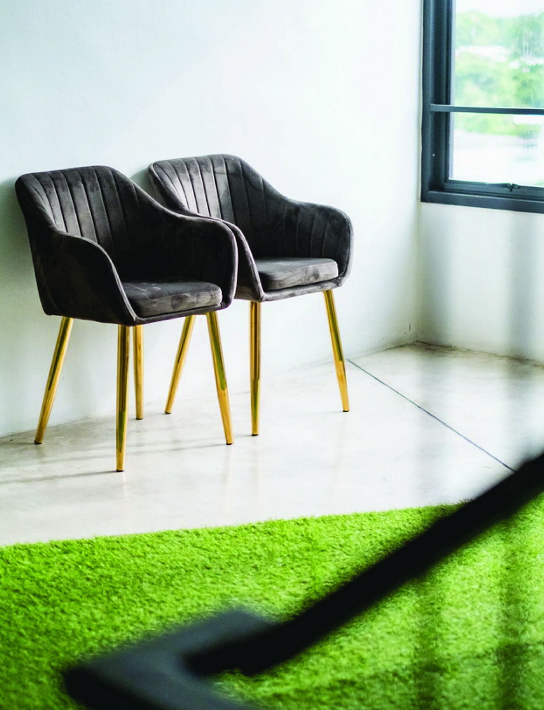 Two black chairs with wooden legs and a green carpet in a room with a white floor and a window.