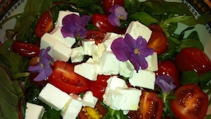 A salad with tomatoes, cheese, and flowers.