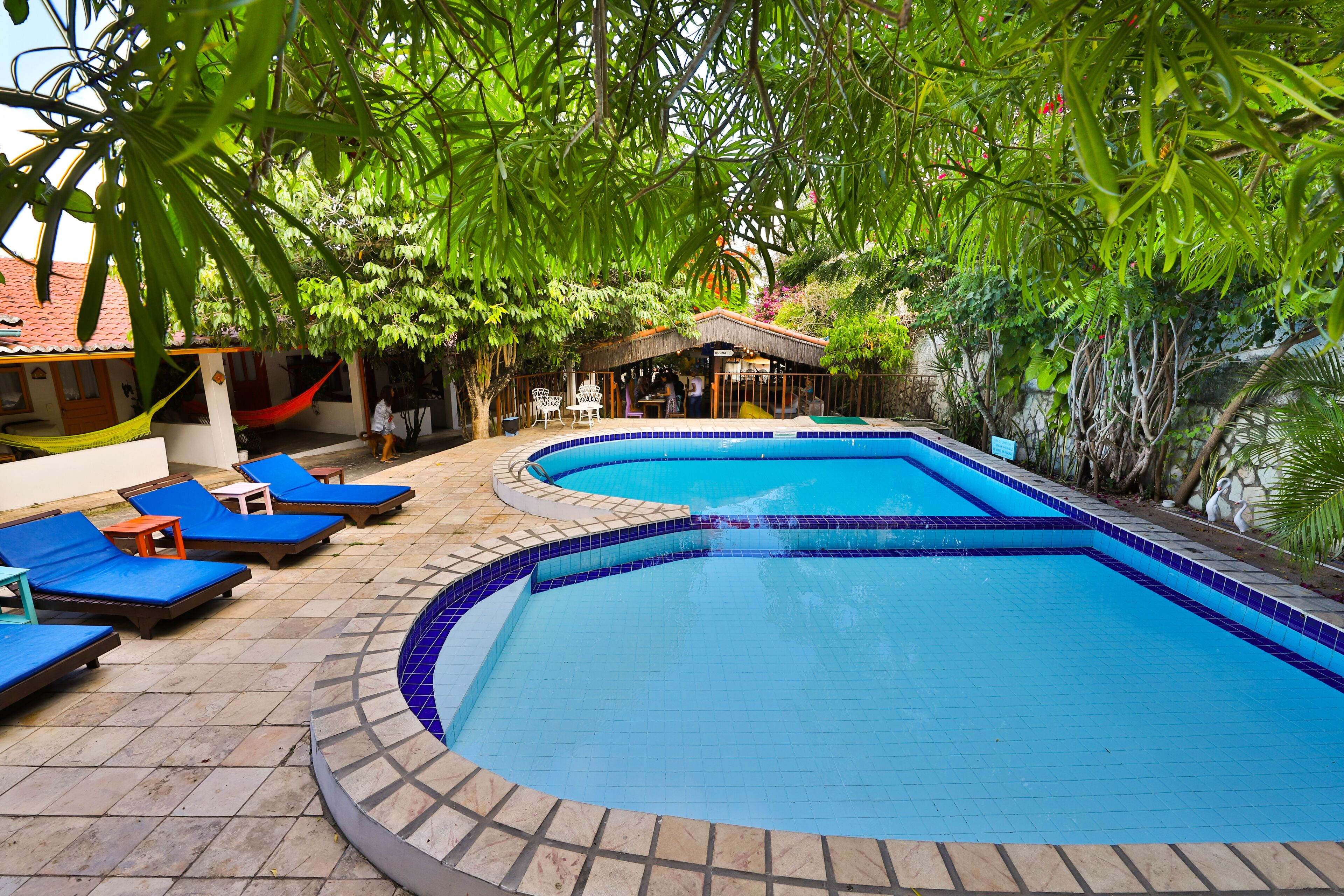 Piscina externa, funciona das 8h às 22h, espreguiçadeiras