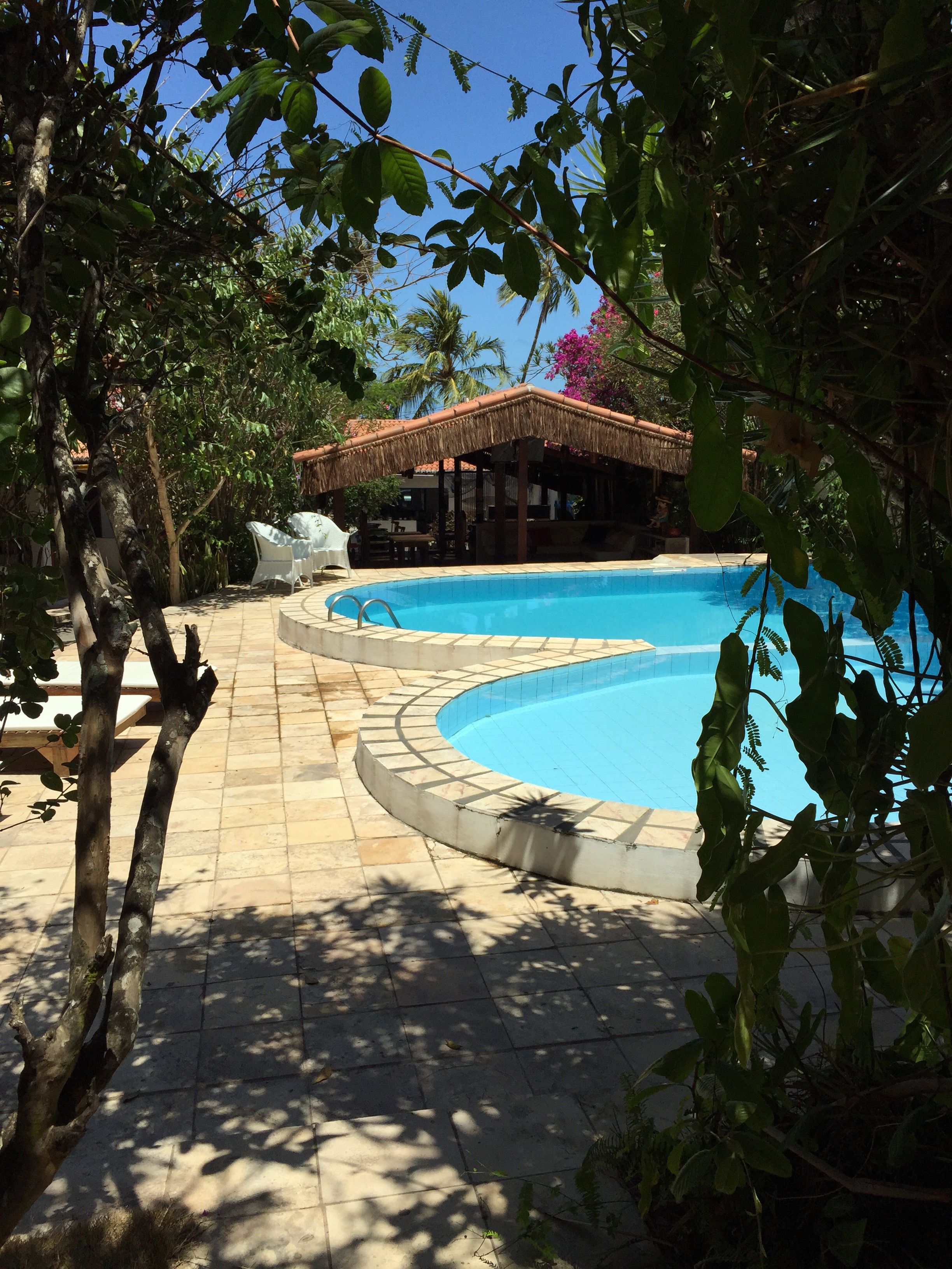 Piscina com deck revestido, cercada por árvores e área de estar coberta.