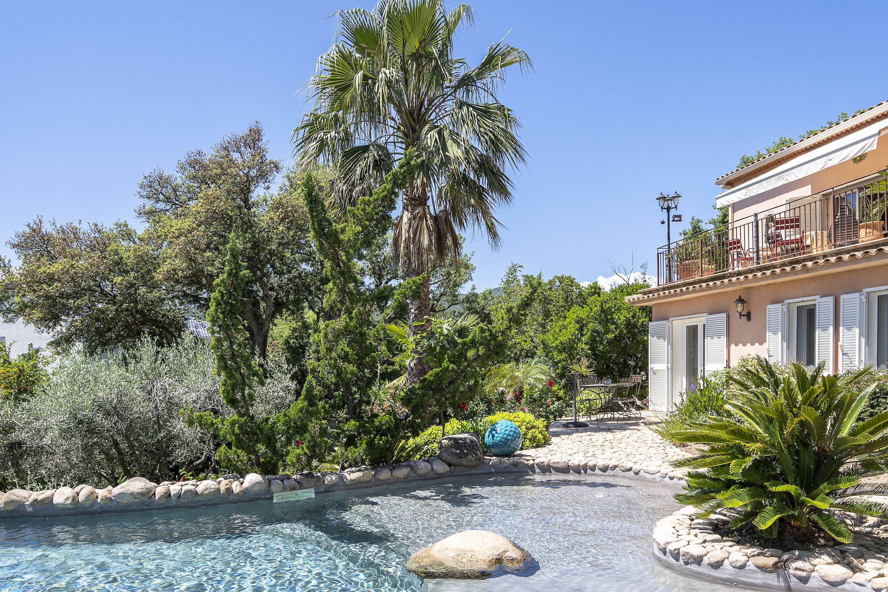 Una piscina circondata da rocce e piante, con una palma e un edificio con un balcone sullo sfondo.