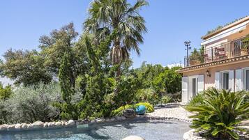 Una piscina circondata da rocce e piante, con una palma e un edificio con un balcone sullo sfondo.
