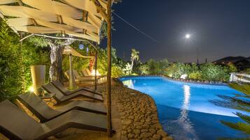 Piscina externa sazonal, funciona das 9h às 21h, guarda-sóis