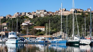 A marina with boats docked, surrounded by a hillside town with buildings and trees. - Casa Del Sole Chambre d'hôtes de Charme (Sari-Solenzara)