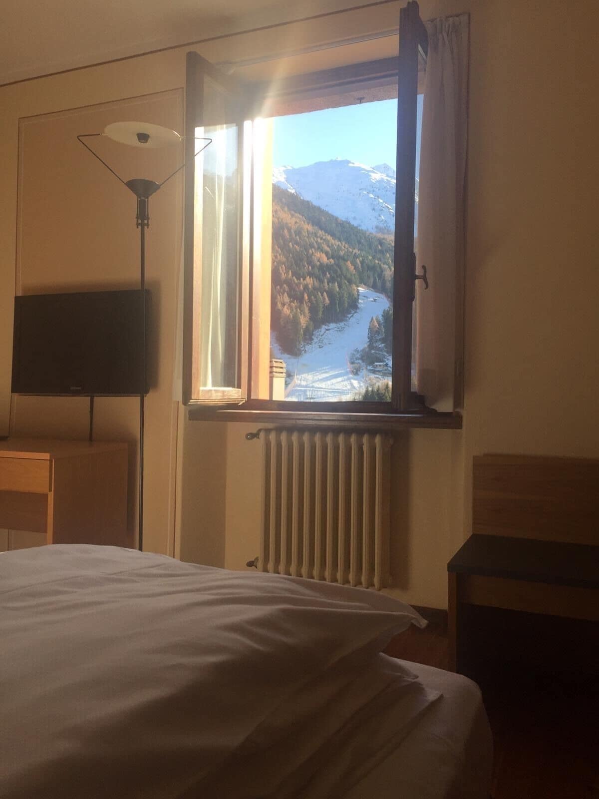 Una camera da letto con un letto, un termosifone, una TV e una finestra vista montagna.
