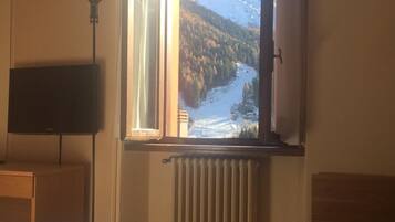 Una camera da letto con un letto, un termosifone, una TV e una finestra vista montagna.
