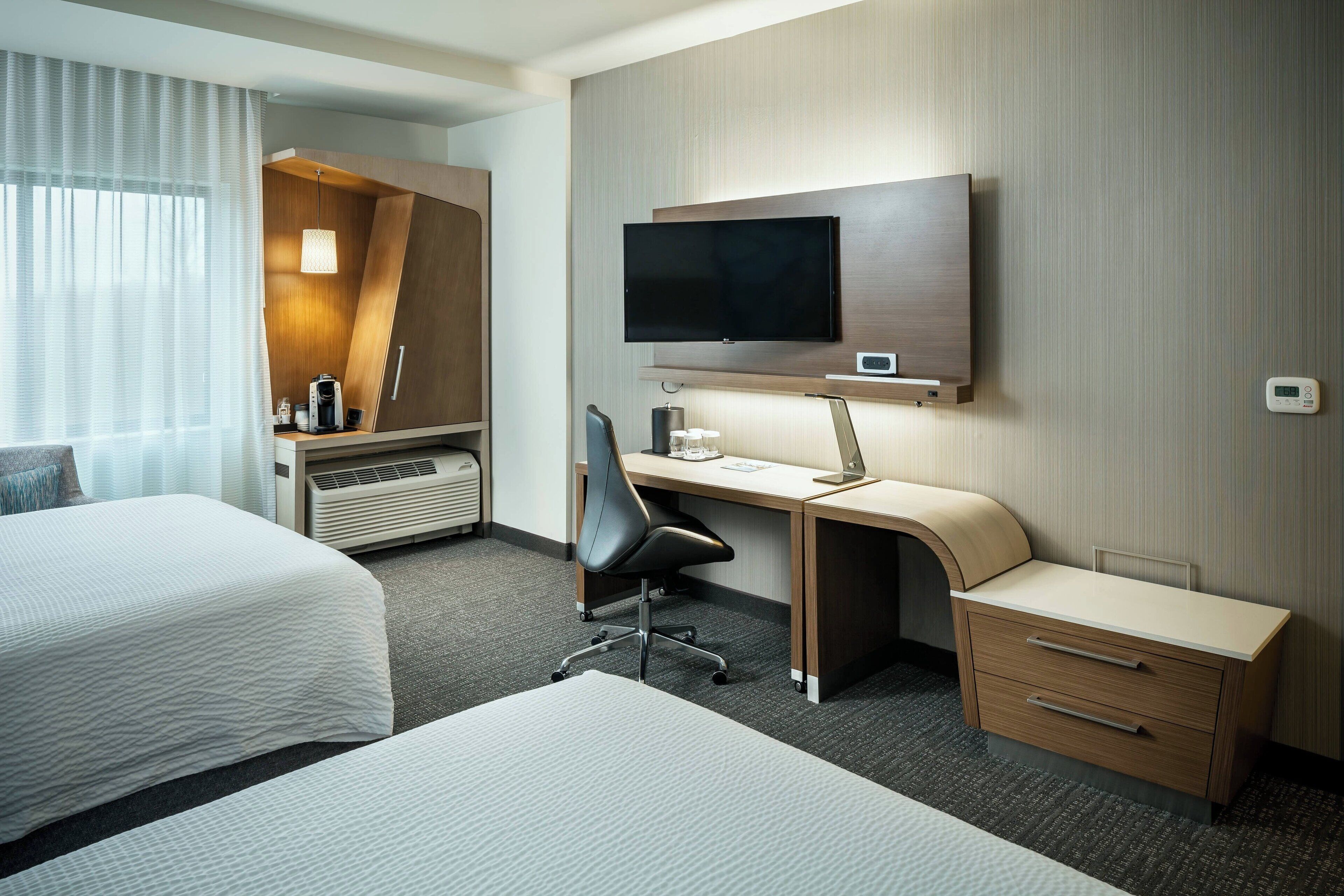 1 bedroom, desk, laptop workspace, blackout curtains