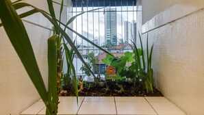 A narrow indoor space with a view of tall buildings through a barred window. There are potted plants and a small decorative figure on the floor. - Piratas da Praia Fit Hostel (Recife)