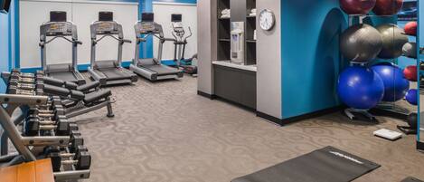 A gym with treadmills, dumbbells, and exercise balls.