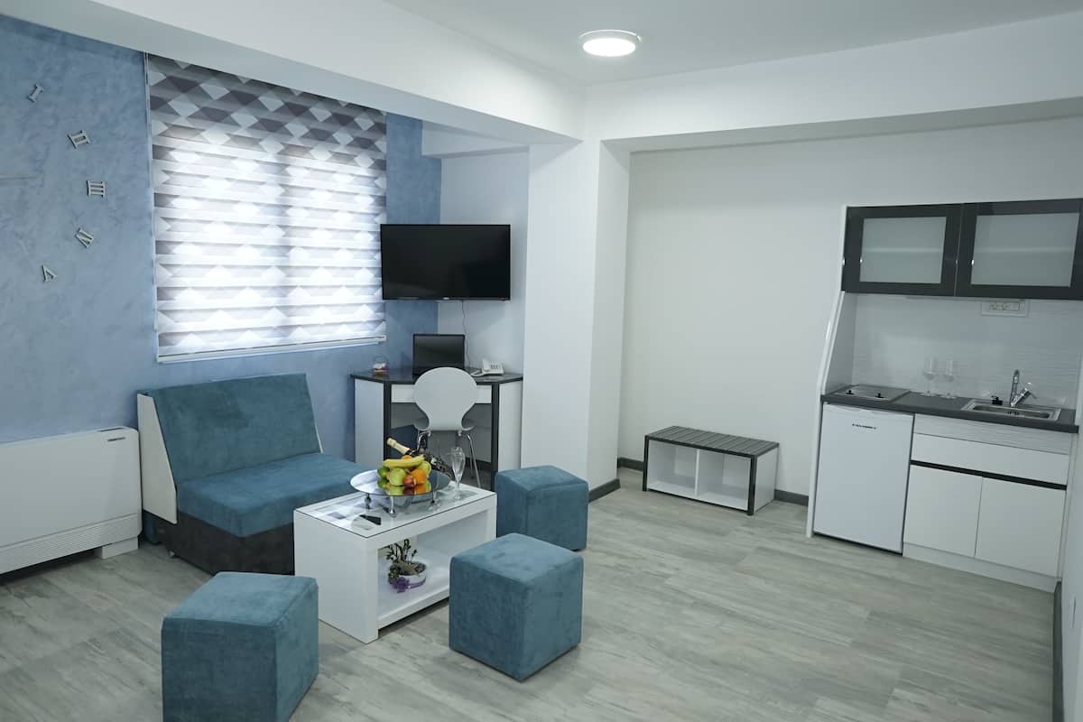 superior apartment city view | private kitchen | fridge, stovetop, cookware/dishes/utensils