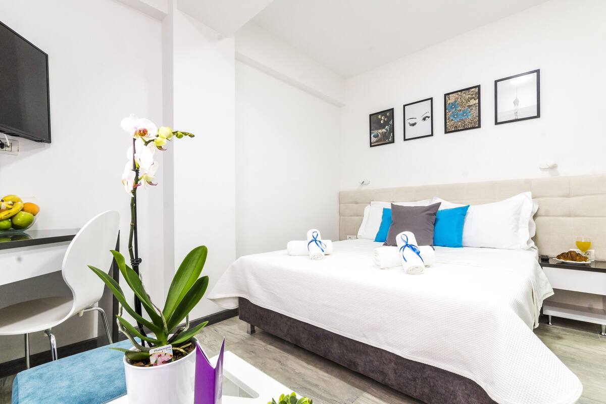 A modern hotel room with a bed, a desk, a chair, a potted plant, and artwork on the wall.