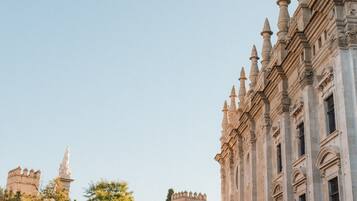 A historic building with ornate columns and a castle in the background.