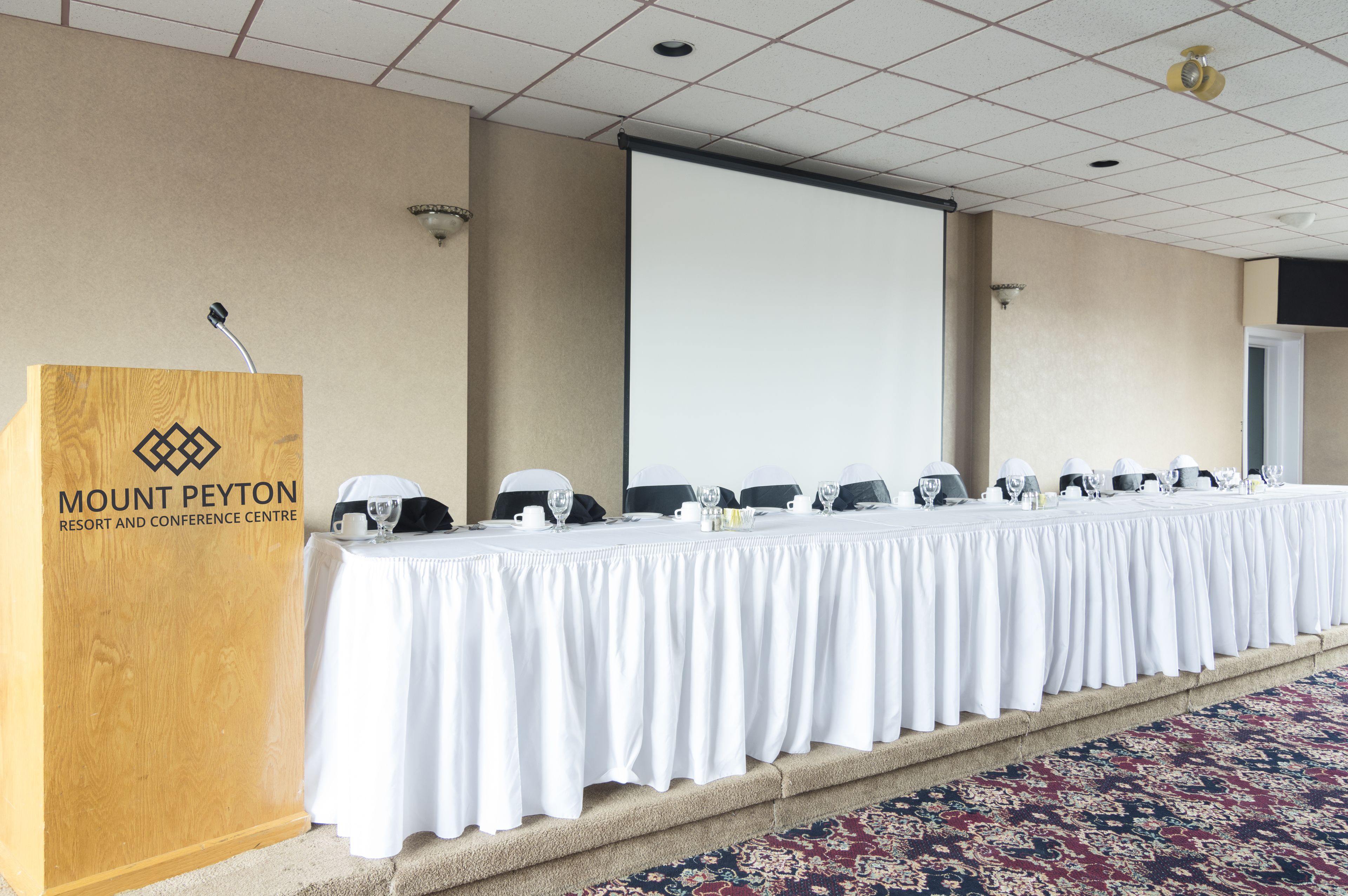 A conference room at Mount Peyton with a long table set for a meeting, a podium, and a projector screen.
