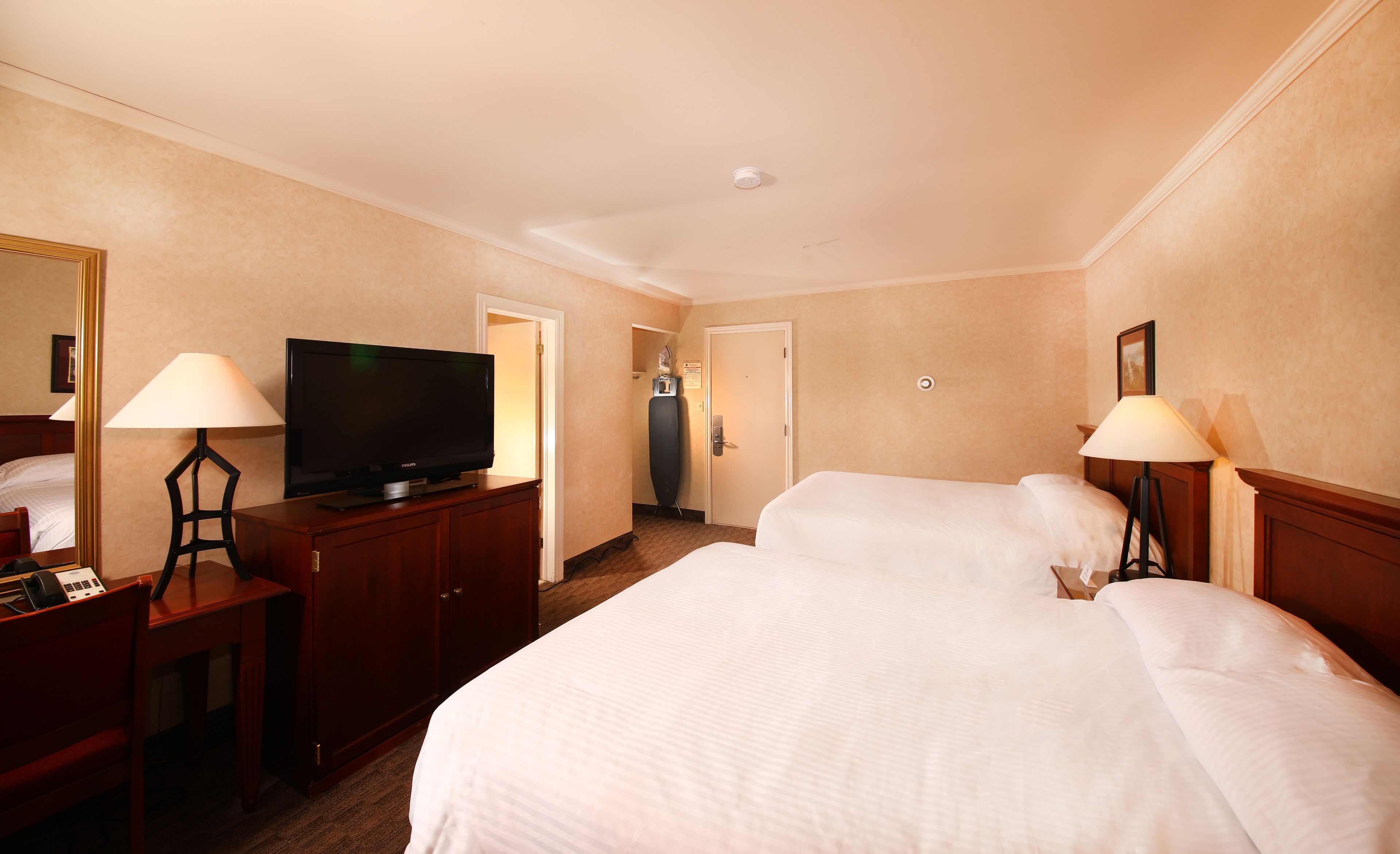 Camera d'albergo con un letto, una televisione su un mobile in legno, una scrivania con un telefono e due lampade.