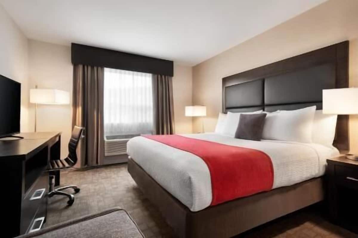 Une chambre d’hôtel équipée d’un lit, d’un bureau, d’une chaise, d’une télévision et d’une fenêtre avec des rideaux.