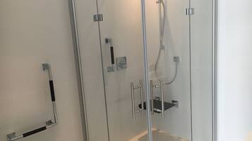 A modern shower enclosure with a glass door, a handheld showerhead, and a wall-mounted control panel.